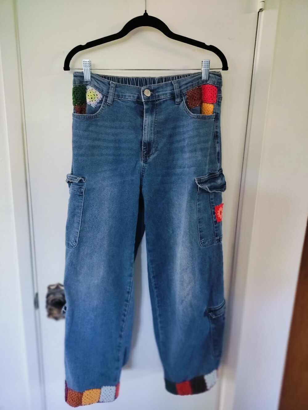 Madden NYC Boho Crochet Patchwork Denim Cargo Pants Size Medium Indie Festival